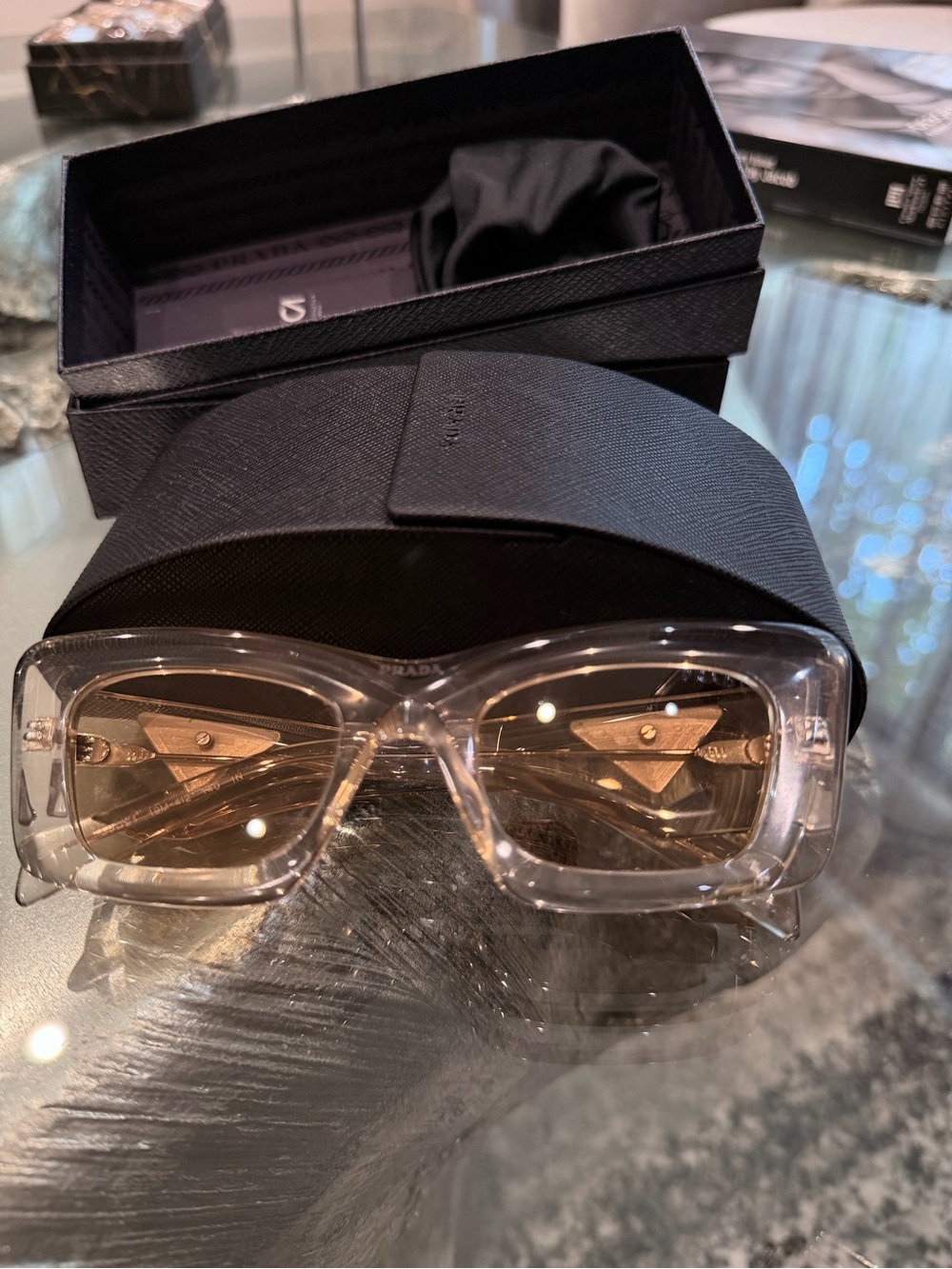 Prada Clear Frame Sunglasses with Brown Gold Accents